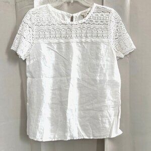 J Crew Women Top Size 4 White 100% Linen Coquette Lace Cottagecore Coastal 18416